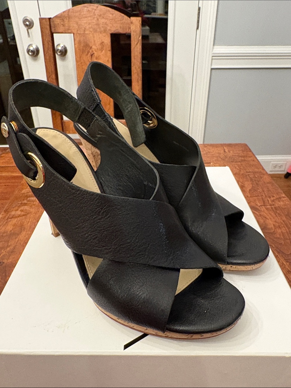 Via Spiga | Black Open-Toe Slingback Heels with Gold Ring Detail Size 7.